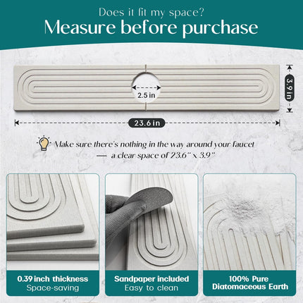 Faucet Mat for Kitchen Sink - 24'' Long Diatomite Fast Drying Stone Sink Tray, Super Absorbent, Prevents Moisture Buildup - Faucet Splash Guard for Bathroom Counter (Light Grey).