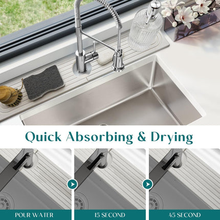 Faucet Mat for Kitchen Sink - 24'' Long Diatomite Fast Drying Stone Sink Tray, Super Absorbent, Prevents Moisture Buildup - Faucet Splash Guard for Bathroom Counter (Light Grey).