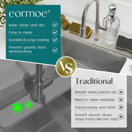 Faucet Mat for Kitchen Sink - 24'' Long Diatomite Fast Drying Stone Sink Tray, Super Absorbent, Prevents Moisture Buildup - Faucet Splash Guard for Bathroom Counter (Light Grey).
