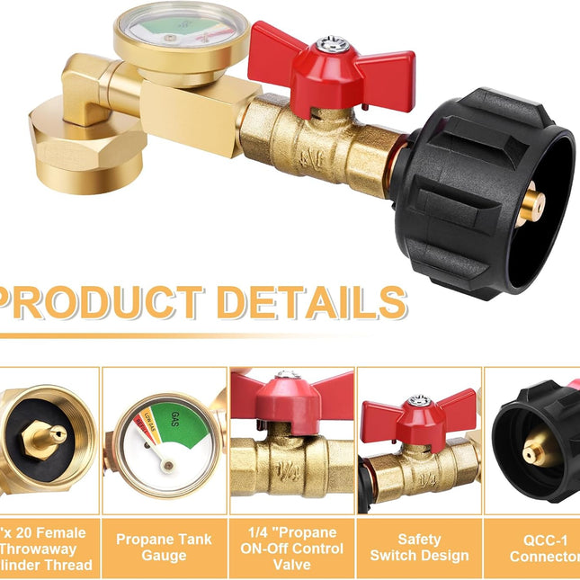 Propane Refill Adapter 20lb to 1lb Camping, Design with Valve and Gauge, Upgrade 90-Degree Elbow Design, Fill 1 lb Bottles from 20 lb Tank, for Propane Heater Grill Stove.