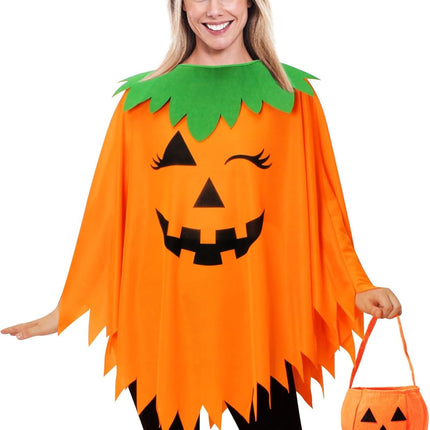 3PCS Halloween Pumpkin Costume for Women,Pumpkin Poncho for Adults with Headband & Bag,Halloween Costume for Women.