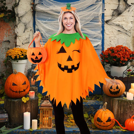 3PCS Halloween Pumpkin Costume for Women,Pumpkin Poncho for Adults with Headband & Bag,Halloween Costume for Women.