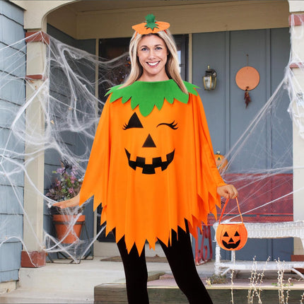 3PCS Halloween Pumpkin Costume for Women,Pumpkin Poncho for Adults with Headband & Bag,Halloween Costume for Women.