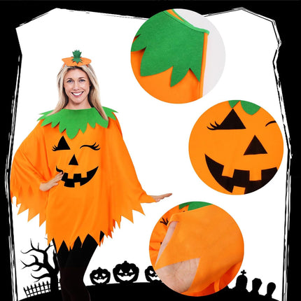 3PCS Halloween Pumpkin Costume for Women,Pumpkin Poncho for Adults with Headband & Bag,Halloween Costume for Women.