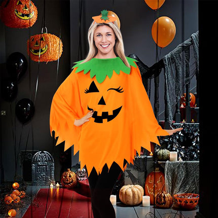 3PCS Halloween Pumpkin Costume for Women,Pumpkin Poncho for Adults with Headband & Bag,Halloween Costume for Women.