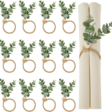 Napkin Rings Set of 12, Easter Napkin Rings, Boho Eucalyptus Leaf Napkins Rings, Wood Bead Farmhouse Easter Napkin Holder for Weddings Christmas Party Table Decoration.