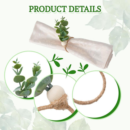 Napkin Rings Set of 12, Easter Napkin Rings, Boho Eucalyptus Leaf Napkins Rings, Wood Bead Farmhouse Easter Napkin Holder for Weddings Christmas Party Table Decoration.