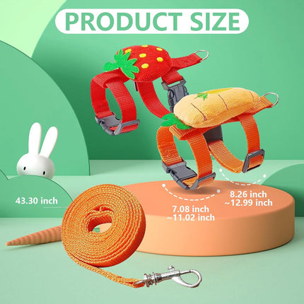 2pcs Rabbit Harness and Leash Set Cute Carrot and Strawberry Trim, Adjustable,for Rabbits, Cats Small Pets.