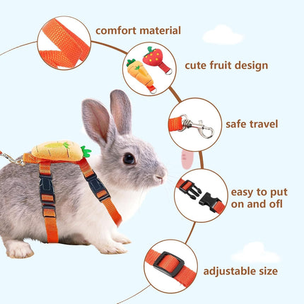 2pcs Rabbit Harness and Leash Set Cute Carrot and Strawberry Trim, Adjustable,for Rabbits, Cats Small Pets.