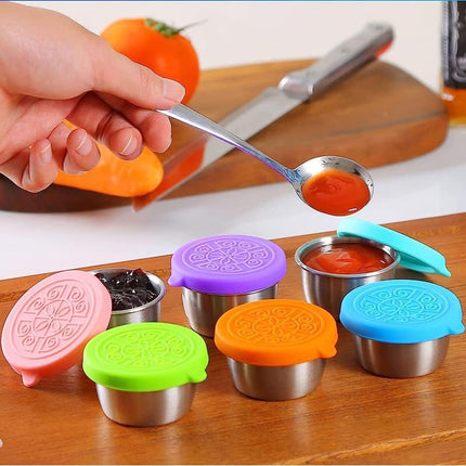 6Pcs Salad Dressing Container Sets,Reusable Salad Container Small Containers with Lids for Lunch Stainless Steel Condiment Cup Leakproof Dipping Sauce Cups 1.7 oz Small Containers for Picnic Travel.