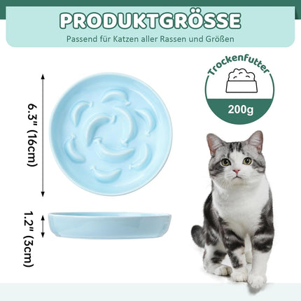 Ceramic Cat Slow Feeder Bowl - Pastel Series Cat Plate for Dry and Wet Food - Cute Maze Feeder Dish for Healthy Eating - Dishwasher Safe - 6.3''W x 1.2''H - 7 OZ - Pale Blue.