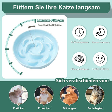 Ceramic Cat Slow Feeder Bowl - Pastel Series Cat Plate for Dry and Wet Food - Cute Maze Feeder Dish for Healthy Eating - Dishwasher Safe - 6.3''W x 1.2''H - 7 OZ - Pale Blue.