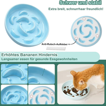 Ceramic Cat Slow Feeder Bowl - Pastel Series Cat Plate for Dry and Wet Food - Cute Maze Feeder Dish for Healthy Eating - Dishwasher Safe - 6.3''W x 1.2''H - 7 OZ - Pale Blue.