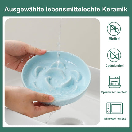 Ceramic Cat Slow Feeder Bowl - Pastel Series Cat Plate for Dry and Wet Food - Cute Maze Feeder Dish for Healthy Eating - Dishwasher Safe - 6.3''W x 1.2''H - 7 OZ - Pale Blue.