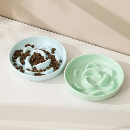 Ceramic Cat Slow Feeder Bowl - Pastel Series Cat Plate for Dry and Wet Food - Cute Maze Feeder Dish for Healthy Eating - Dishwasher Safe - 6.3''W x 1.2''H - 7 OZ - Pale Blue.
