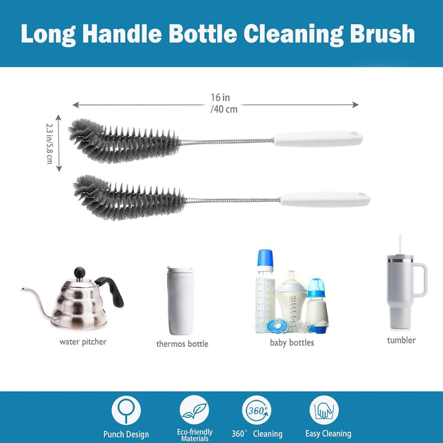15.7" (40cm) Flexible Long Black Bottle Cleaning Brush for Kitchen and Dining - Perfect for Baby Bottles, Sports Bottles, Glassware, Mugs, Jars, and Stemware (2-pc).