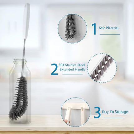 15.7" (40cm) Flexible Long Black Bottle Cleaning Brush for Kitchen and Dining - Perfect for Baby Bottles, Sports Bottles, Glassware, Mugs, Jars, and Stemware (2-pc).