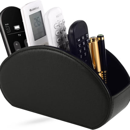 Tv Remote Holder Tray with 5 Compartments,PU Leather Remote Control Holder/Caddy Nightstand Decoration,Placed Media Remote Storage Box/Glasses/Makeup Brush/Office Products/Desktop Organizer (Black).
