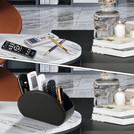 Tv Remote Holder Tray with 5 Compartments,PU Leather Remote Control Holder/Caddy Nightstand Decoration,Placed Media Remote Storage Box/Glasses/Makeup Brush/Office Products/Desktop Organizer (Black).
