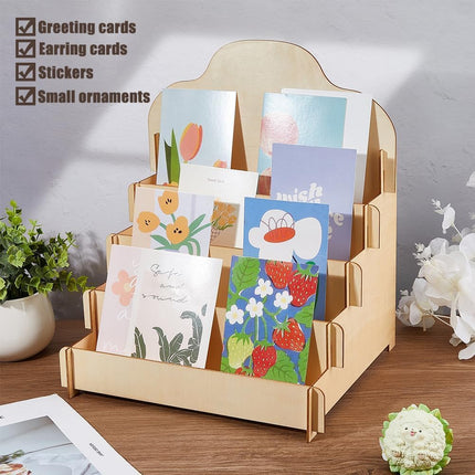 Greeting Card Display Stands 4Tier Durable Wooden Stickers Display Risers Multipurpose Portable Blank Retail Display Shelves Card Display Rack for Greeting Card Photos Postcard Literature (1).