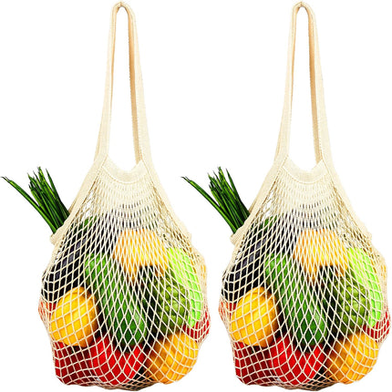 [2 Pack] Premium Mesh Grocery Bags, Reusable Produce Bags, Long Handle Net Tote Bags, 100% Cotton String Bags, Fruit and Vegetable Bags, Beige (Portable/Washable/Durable), Beige, One Size.