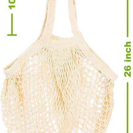 [2 Pack] Premium Mesh Grocery Bags, Reusable Produce Bags, Long Handle Net Tote Bags, 100% Cotton String Bags, Fruit and Vegetable Bags, Beige (Portable/Washable/Durable), Beige, One Size.