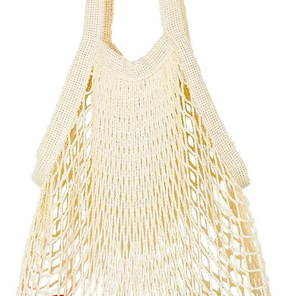 [2 Pack] Premium Mesh Grocery Bags, Reusable Produce Bags, Long Handle Net Tote Bags, 100% Cotton String Bags, Fruit and Vegetable Bags, Beige (Portable/Washable/Durable), Beige, One Size.