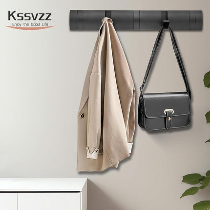 Coat Rack Wall Mount, Heavy Duty Aluminum Coat Hooks, Self-Adhesive Wall Hooks Stylish and Sleek, Coat Hanger with 5 Retractable Hooks for Hanging Coats, Hat, Towel, Backpack, Jacket (Black).