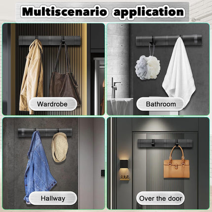 Coat Rack Wall Mount, Heavy Duty Aluminum Coat Hooks, Self-Adhesive Wall Hooks Stylish and Sleek, Coat Hanger with 5 Retractable Hooks for Hanging Coats, Hat, Towel, Backpack, Jacket (Black).