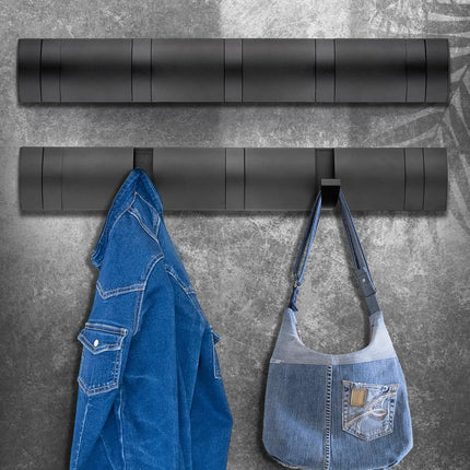 Coat Rack Wall Mount, Heavy Duty Aluminum Coat Hooks, Self-Adhesive Wall Hooks Stylish and Sleek, Coat Hanger with 5 Retractable Hooks for Hanging Coats, Hat, Towel, Backpack, Jacket (Black).