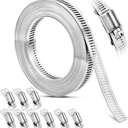 Hose Clamp, DIY 20 FT Metal Strapping with Holes + 9 Fasteners, Hose Clamps Stainless Steel, Large Adjustable Worm Gear Hose Clamps Pipe Clamps Band Clamp for Pipe Automotive Mechanical Applications.