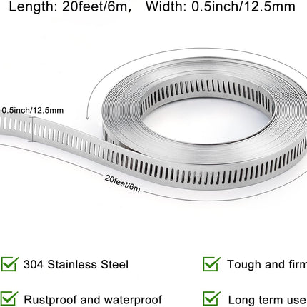 Hose Clamp, DIY 20 FT Metal Strapping with Holes + 9 Fasteners, Hose Clamps Stainless Steel, Large Adjustable Worm Gear Hose Clamps Pipe Clamps Band Clamp for Pipe Automotive Mechanical Applications.