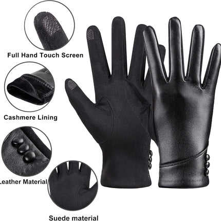 Womens Winter Leather Gloves Touch Screen Wool Lined Windproof Warm Suede Fashion Dress Gloves.