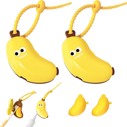2PCS Banana Toothbrush Case, Portable Toothbrush Holder with Silicone Toothpaste Dispenser, Compact Hanging Travel Organizer for Home Camping Outdoor (Yellow).