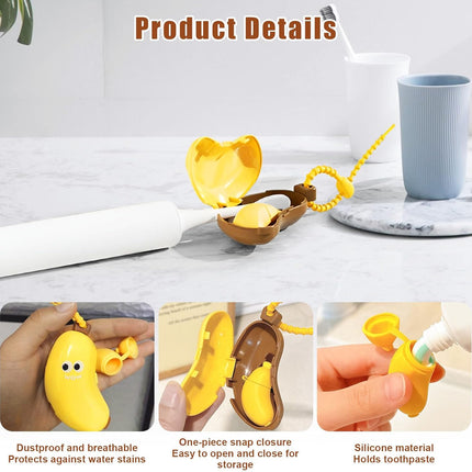 2PCS Banana Toothbrush Case, Portable Toothbrush Holder with Silicone Toothpaste Dispenser, Compact Hanging Travel Organizer for Home Camping Outdoor (Yellow).