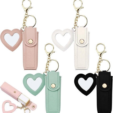 4 PACK PU Leather Potable Chapstick Holder Key Chain Bulk with Mirror, Lipstick Keychain, Lip Balm Organizer Holder Lipstick Travel Makeup Storage Case for Women Girls (Style 1).
