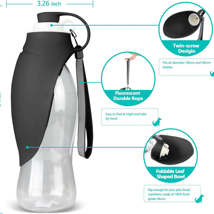 Dog Water Bottle, Portable Pet Water Dispenser Feeder Leak Proof with Drinking Cup Dish Bowl for Outdoor Walking, Hiking, Travel, 20OZ Water Bottle Fit for Small to Large Dogs and Cats Black.