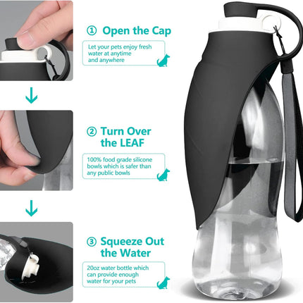 Dog Water Bottle, Portable Pet Water Dispenser Feeder Leak Proof with Drinking Cup Dish Bowl for Outdoor Walking, Hiking, Travel, 20OZ Water Bottle Fit for Small to Large Dogs and Cats Black.