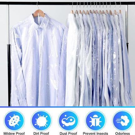 30 Pack Clear Garment Bags, 23.6 x 59.1 Inch Plastic Garment Bags Dustproof, Long Clothes Covers, Waterproof Suit Cover Bag, Moth Proof Coat Bag for Shirts Gowns Dresses.