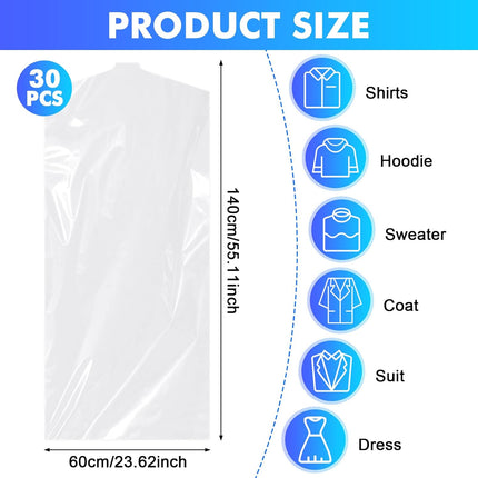 30 Pack Clear Garment Bags, 23.6 x 59.1 Inch Plastic Garment Bags Dustproof, Long Clothes Covers, Waterproof Suit Cover Bag, Moth Proof Coat Bag for Shirts Gowns Dresses.