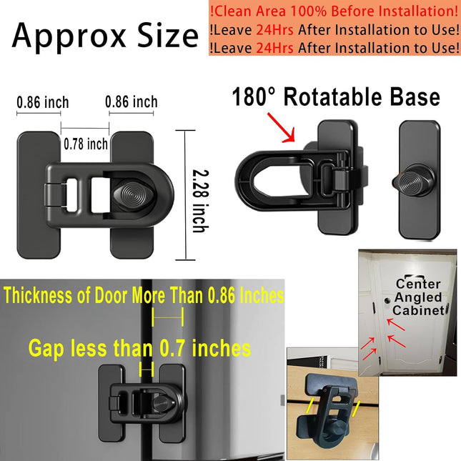 2-Pack Refrigerator Lock Baby Proofing for Cabinet Door Drawer Freezer RV Oven Cupboard Closet Kitchen, 90 Degree Fridge Latches Petproof Childproof for Toddler Cat, Strong Adhesive No Drill.