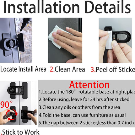 2-Pack Refrigerator Lock Baby Proofing for Cabinet Door Drawer Freezer RV Oven Cupboard Closet Kitchen, 90 Degree Fridge Latches Petproof Childproof for Toddler Cat, Strong Adhesive No Drill.