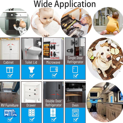 2-Pack Refrigerator Lock Baby Proofing for Cabinet Door Drawer Freezer RV Oven Cupboard Closet Kitchen, 90 Degree Fridge Latches Petproof Childproof for Toddler Cat, Strong Adhesive No Drill.