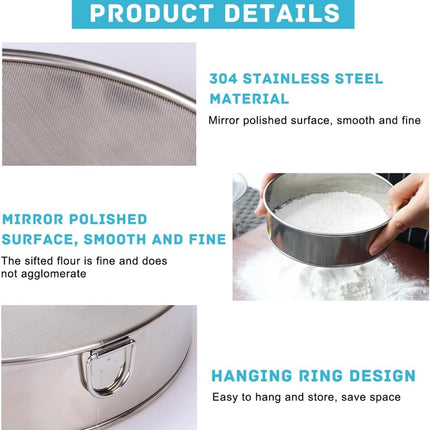 Flour Sieve Fine Mesh Stainless Steel Round Sifter 6 Inch 60 Mesh Sieves Strainer for Baking Straining Powdering.