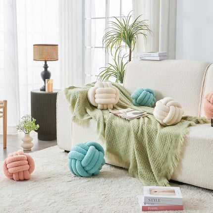 Decorative Throw Knot Pillow Ball for Home Chair Sofa Couch Bed Aesthetic Round Decor Pillows Lambswool Knotted Pillow Cushion (Ivory White, 11 inches).
