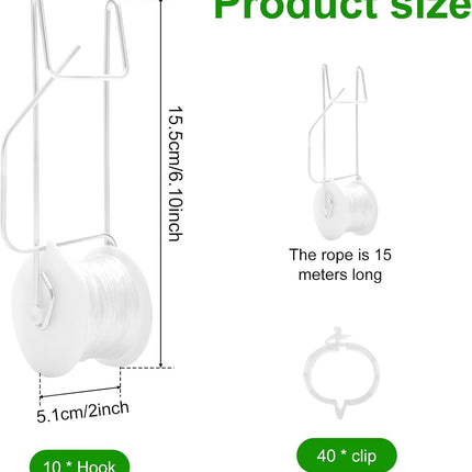 10 PCS Tomato Roller Hooks with String & 40 Clips, 49.2FT Twine Tomato Trellis Kit - Climbing Support for Tomato, Flower Vine, Greenhouse, Home Gardening (10 PCS).