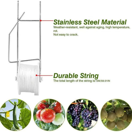 10 PCS Tomato Roller Hooks with String & 40 Clips, 49.2FT Twine Tomato Trellis Kit - Climbing Support for Tomato, Flower Vine, Greenhouse, Home Gardening (10 PCS).