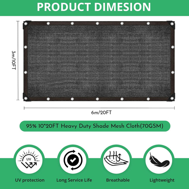 Garden 90% Shade Mesh Cloth,  10 x 20FT Sun Shade Net,Resistant Mesh Sun Shade Reinforced Grommets Shade Trap for Greenhouse,Plant,and Backyard Patio Sunshade,Pergola(Black-3x6m).