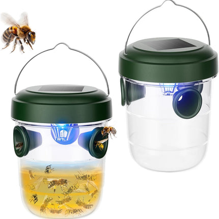 Wasp Traps Outdoor Hanging 2 Packs, Solar Powered Carpenter Bee Trap Yellow Jacket Hornet Catcher with LED Light, Reusable Wasp Deterrent Outdoor for Garden, Patio, Backyard, Camping.