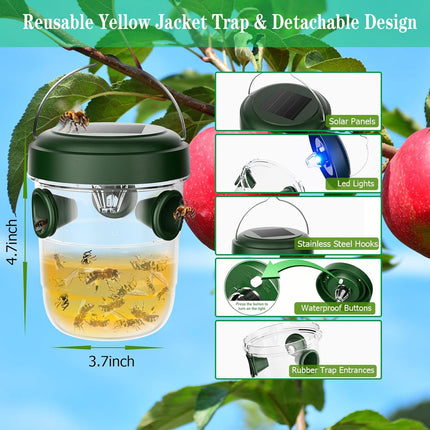 Wasp Traps Outdoor Hanging 2 Packs, Solar Powered Carpenter Bee Trap Yellow Jacket Hornet Catcher with LED Light, Reusable Wasp Deterrent Outdoor for Garden, Patio, Backyard, Camping.